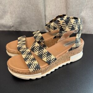 Steve Madden Bandi Platform Wedge Sandals Women's 11M Black Tan Elastic Straps